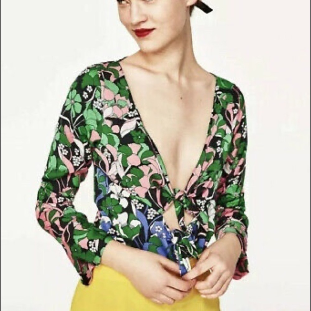 ZARA Floral Boho Retro Cutout Tie Front Bodysuit - Picture 3 of 16